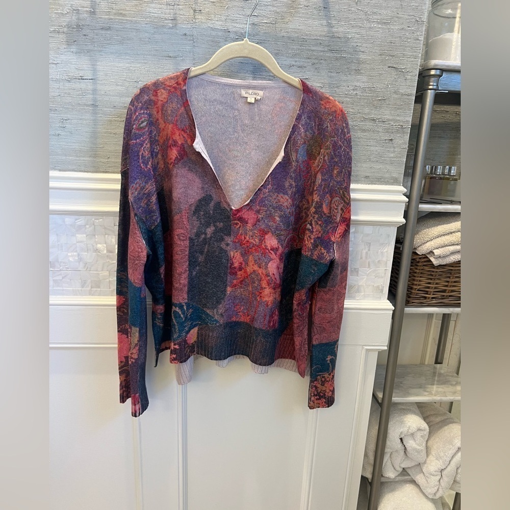 Small Anthropologie pilcro v neck cashmere hi low sweater multi color pattern - Picture 8 of 14